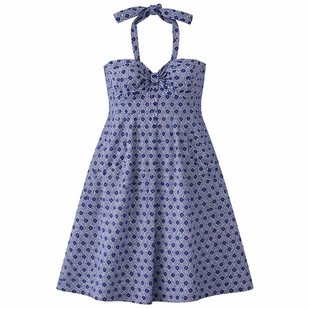 Shoshanna Navy Blue White Geometric Diamond Halter Dress Bow Pockets Size 8
